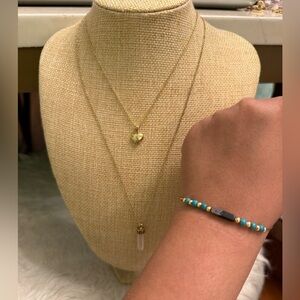 3 Piece Gold Heart Crystal Pendant necklaces with blue stone bracelet